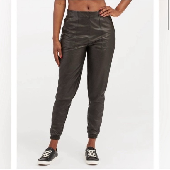 Spanx Leather Like Jogger Pants Brown cuffed Ankle Faux Leather Pull On: Small - Picture 1 of 11